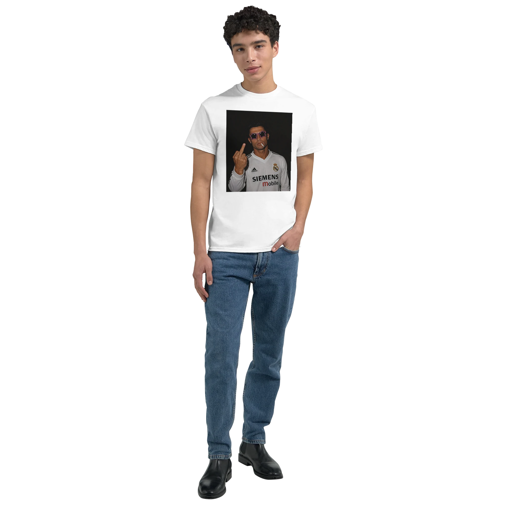 White crewneck T-shirt with front square photo graphic of Ronaldo, worn by model