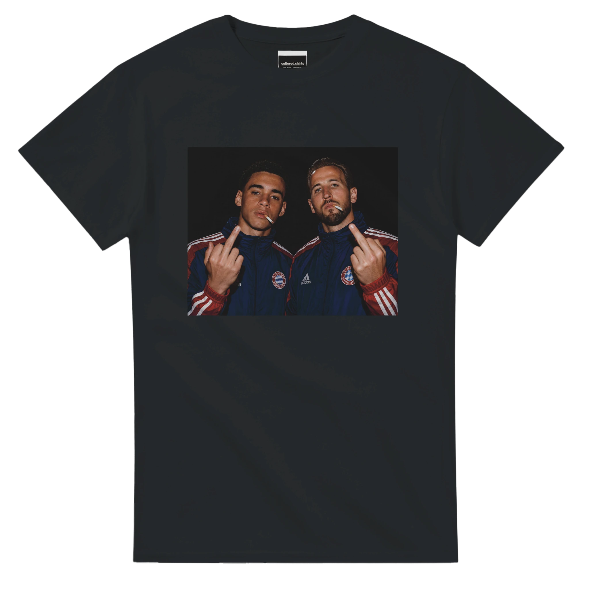 Black T-shirt with rectangular player graphic on front