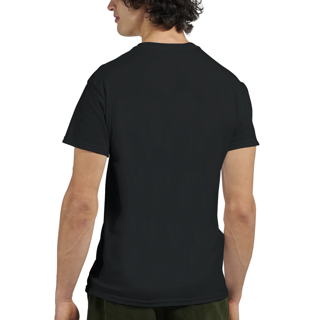 Black T-shirt back view, plain fabric, short sleeves