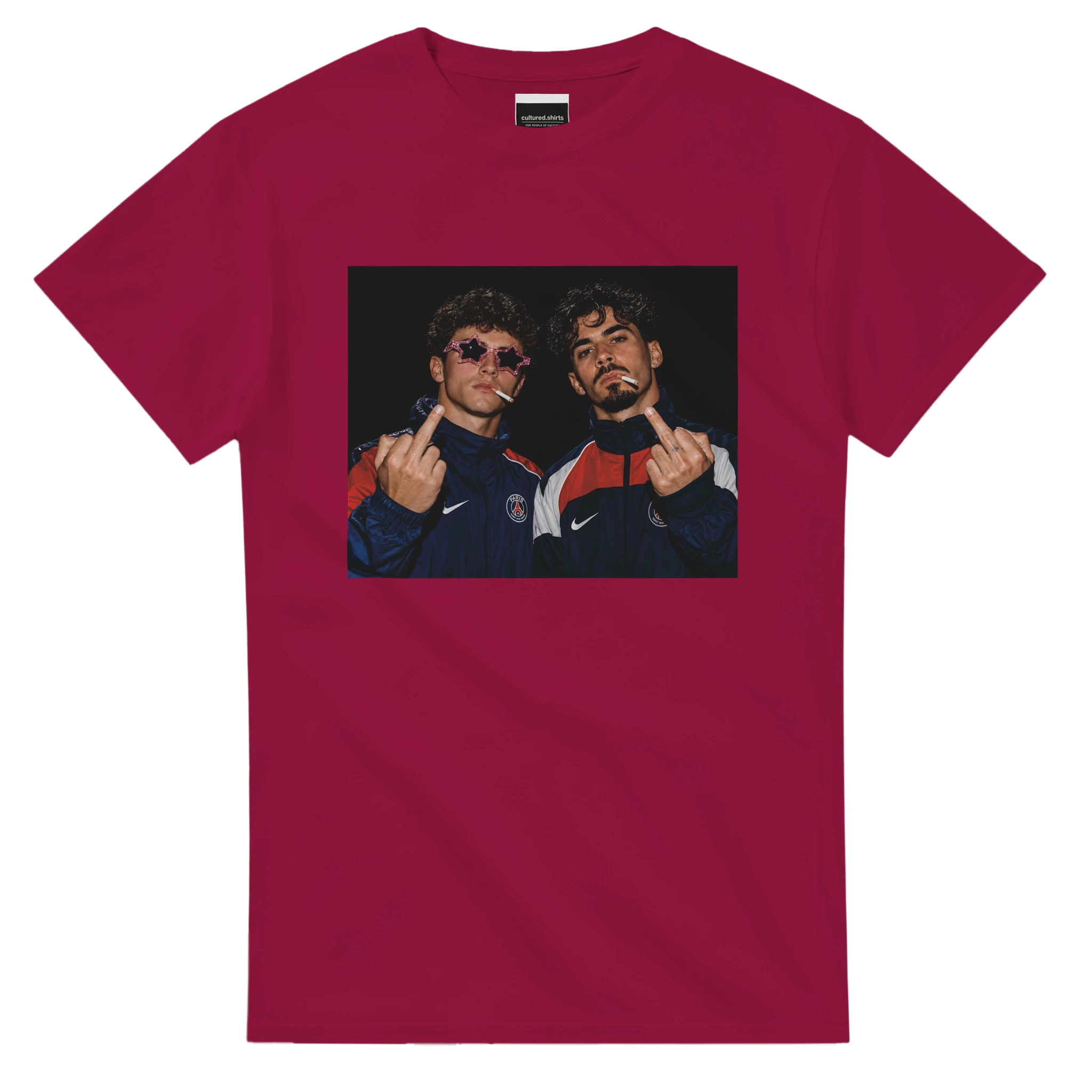Cardinal red T-shirt with centered graphic of two football players