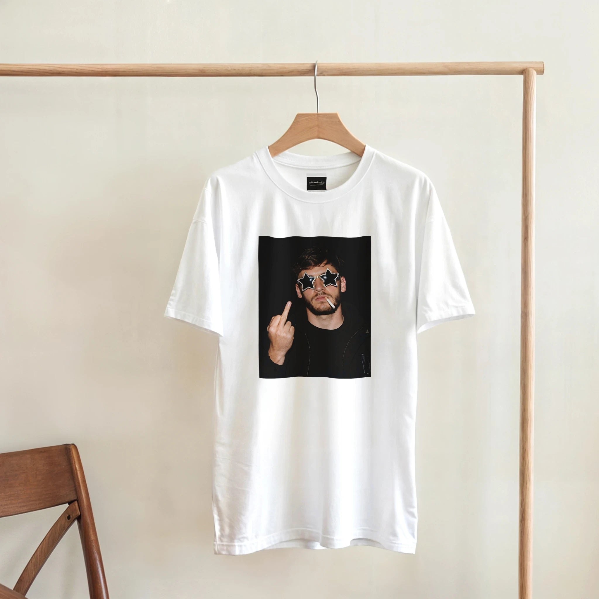 White crewneck football T-shirt front with square star-shades graphic print