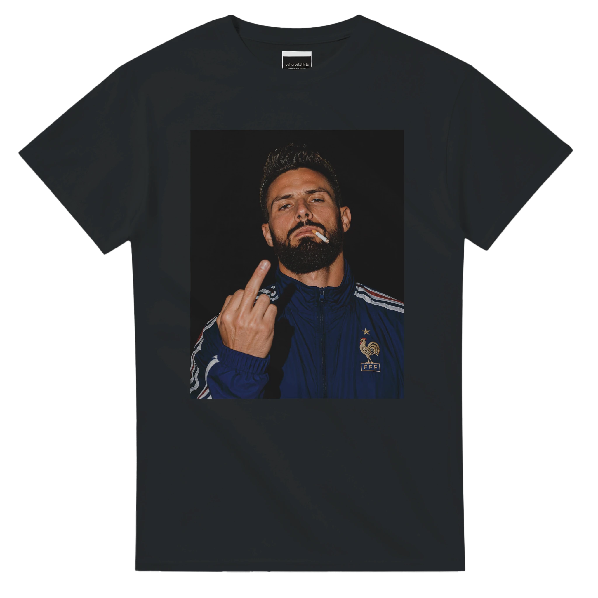 Black T-shirt with centered portrait graphic of a bearded man in a blue jacket