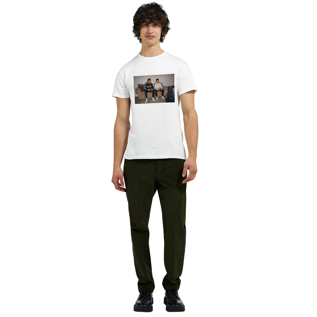 White T-shirt worn by model with front rectangular photo print of two men