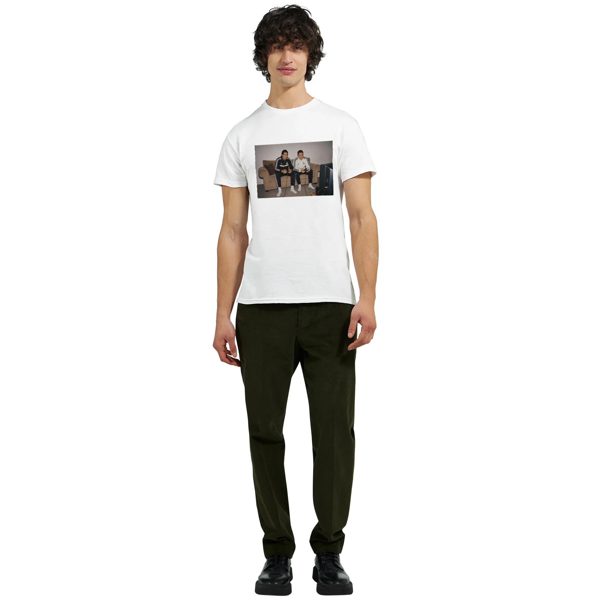 White T-shirt worn by model with front rectangular photo print of two men