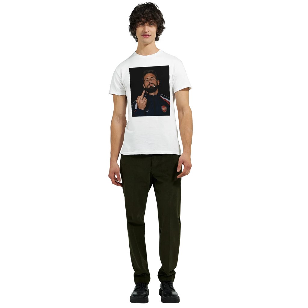 White crew-neck T-shirt with square portrait graphic, worn by a model