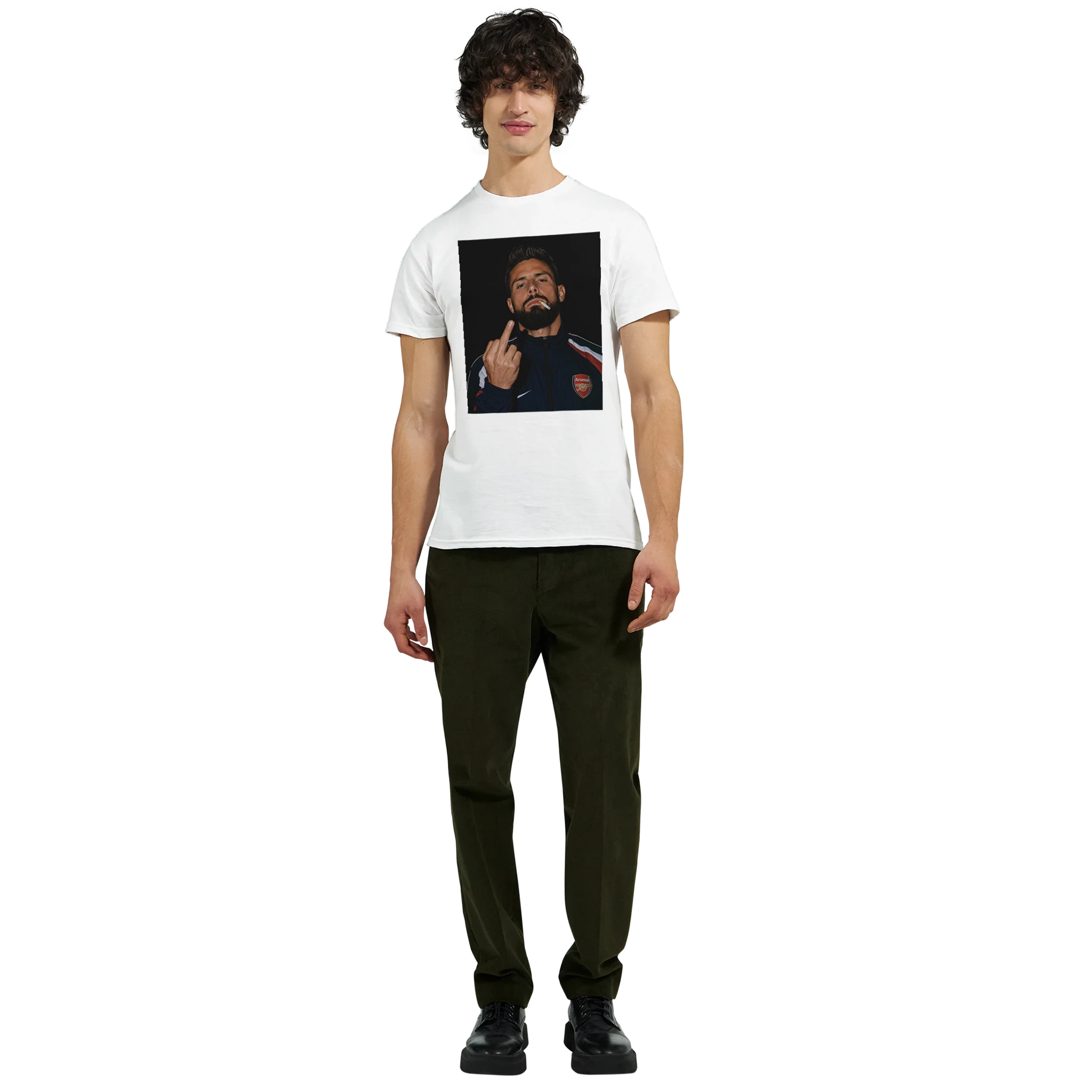 White crew-neck T-shirt with square portrait graphic, worn by a model