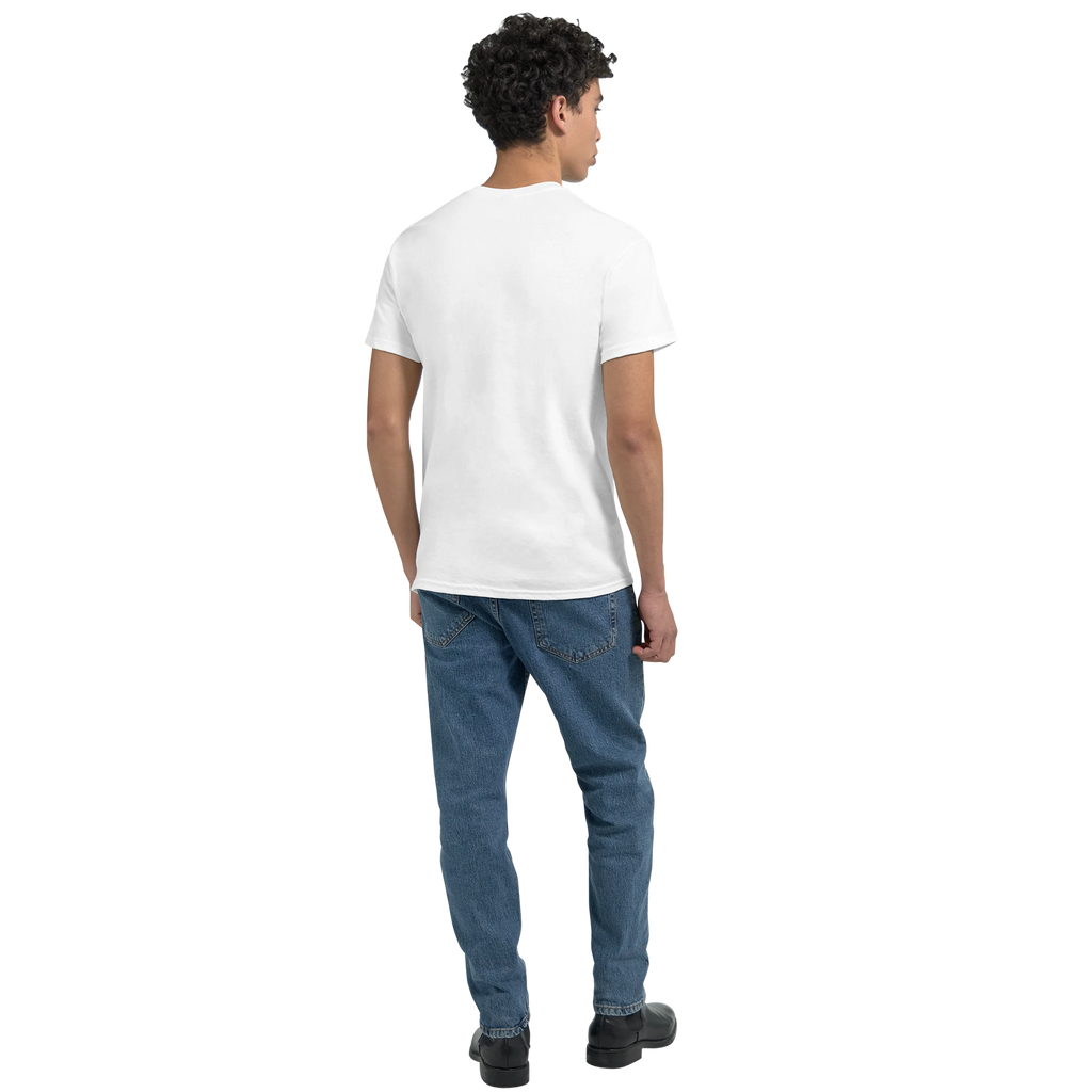 White T-shirt back view, plain fabric with no visible print