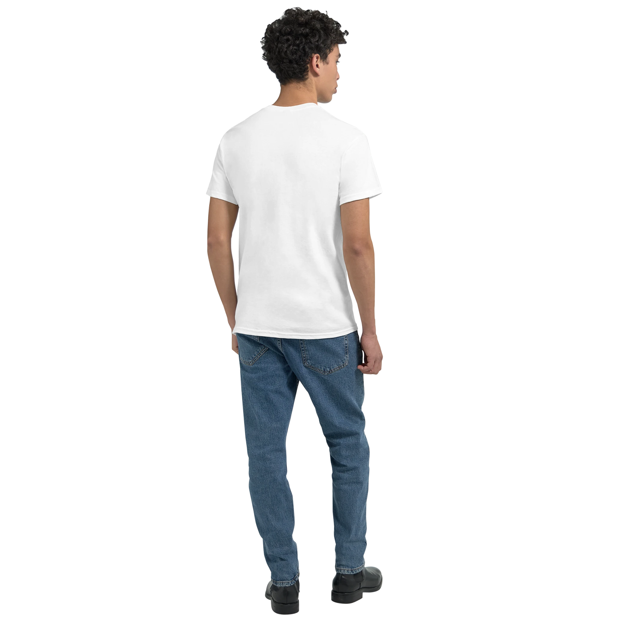 White T-shirt back view, plain fabric with no visible print