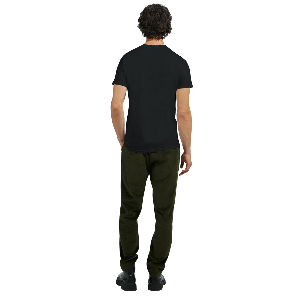Black t-shirt back view, plain design with short sleeves and crew neck.