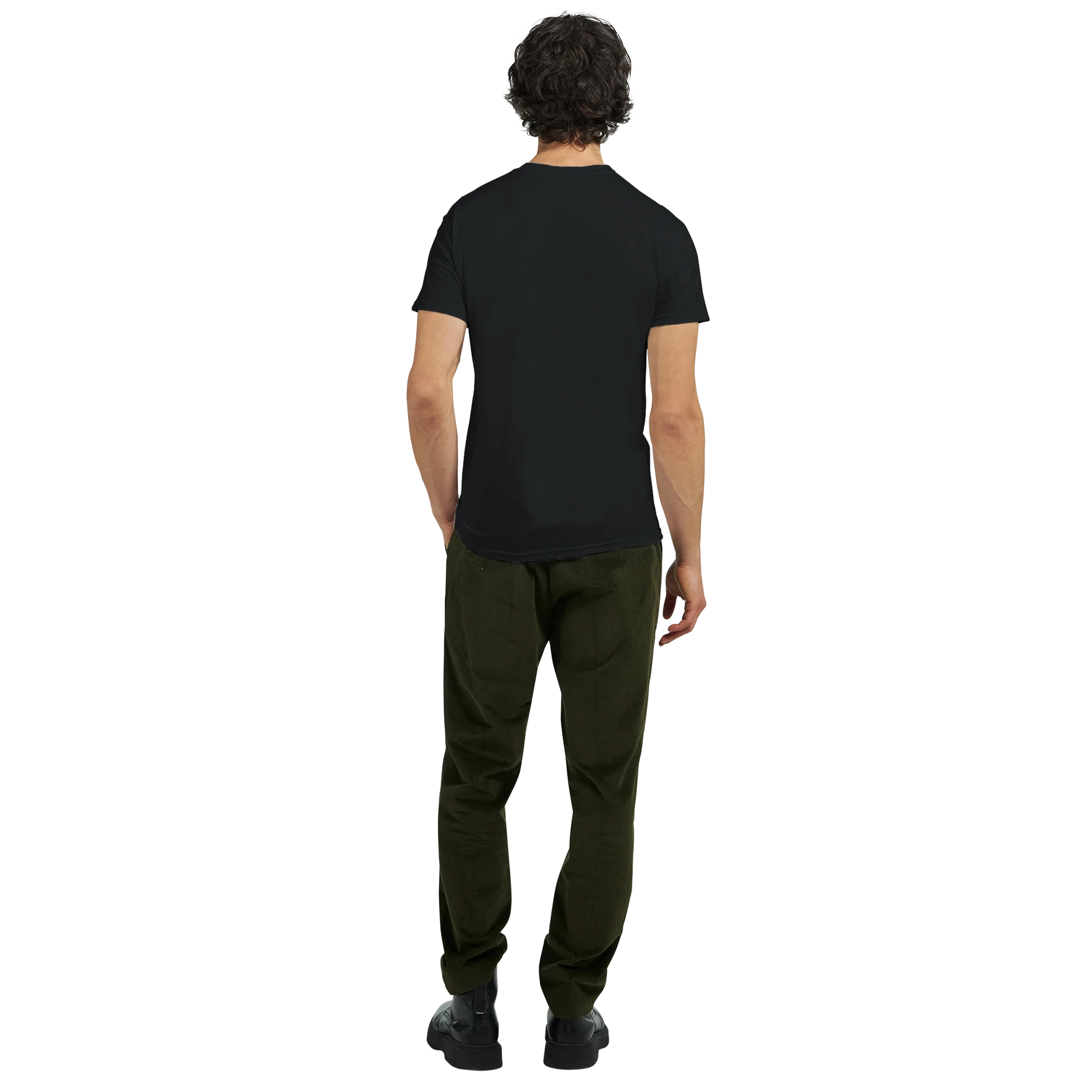 Black t-shirt back view, plain design with short sleeves and crew neck.