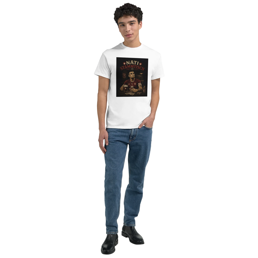 White T-shirt worn with a square 'Nati Stammisch' graphic print on chest