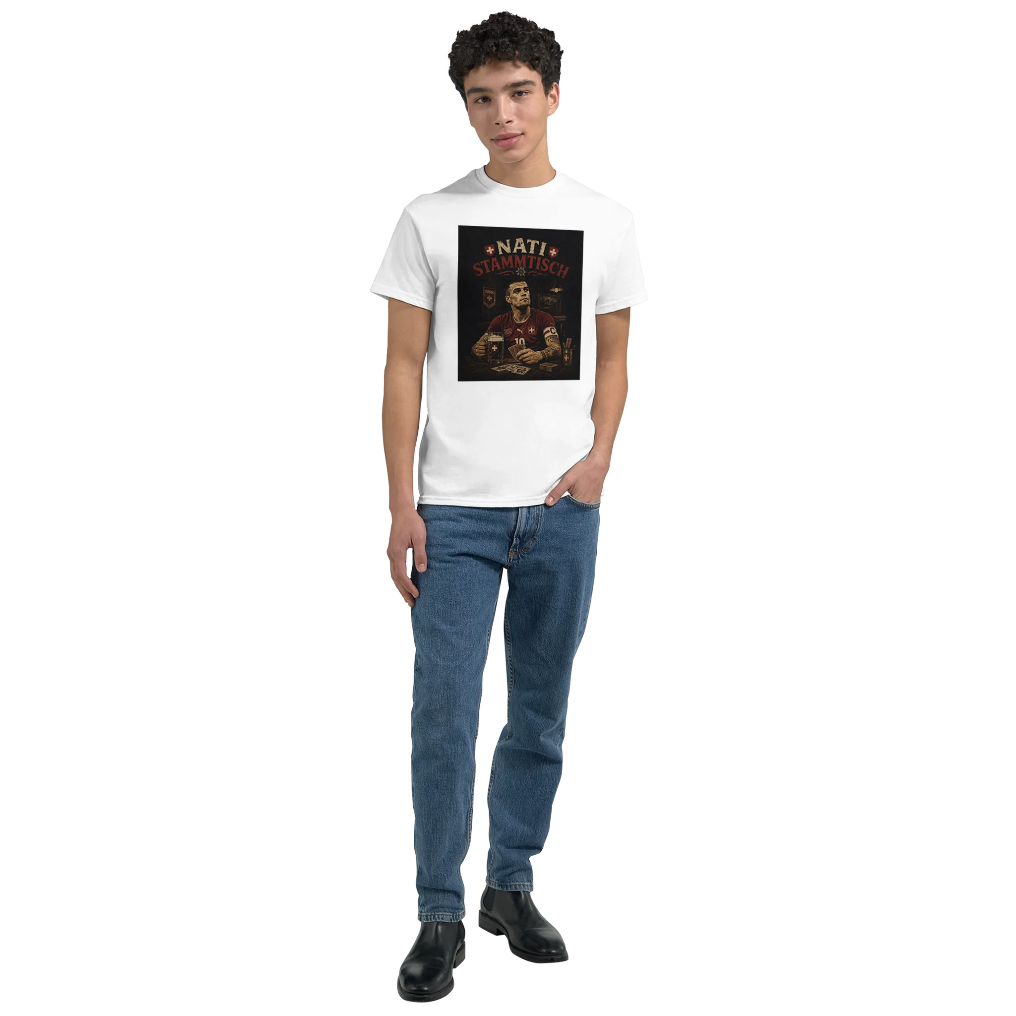 White T-shirt worn with a square 'Nati Stammisch' graphic print on chest