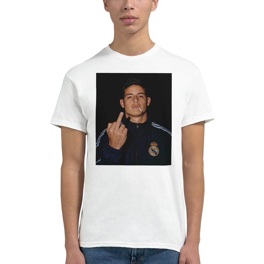 White crewneck T-shirt with centered square photo graphic of James Rodríguez.