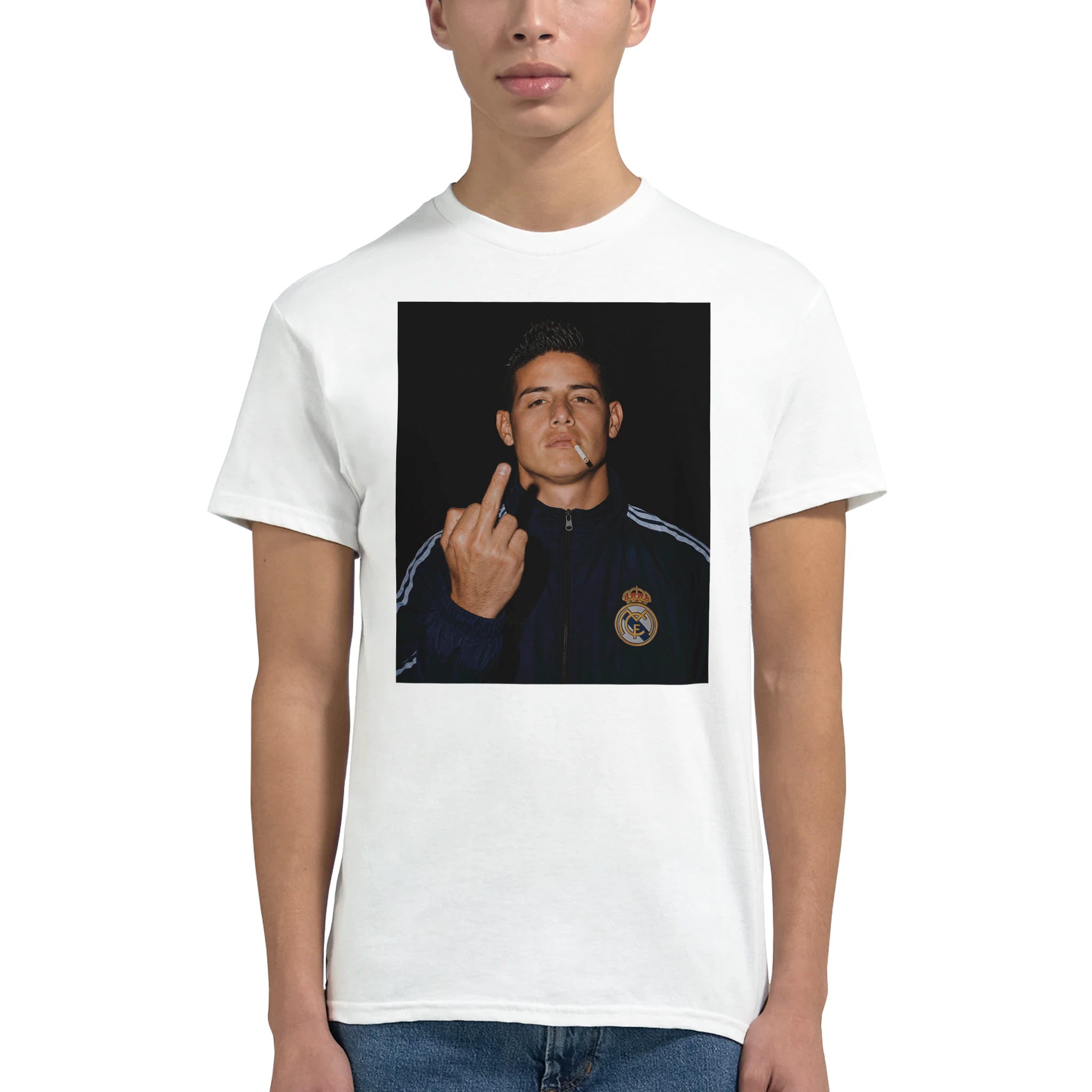 White crewneck T-shirt with centered square photo graphic of James Rodríguez.