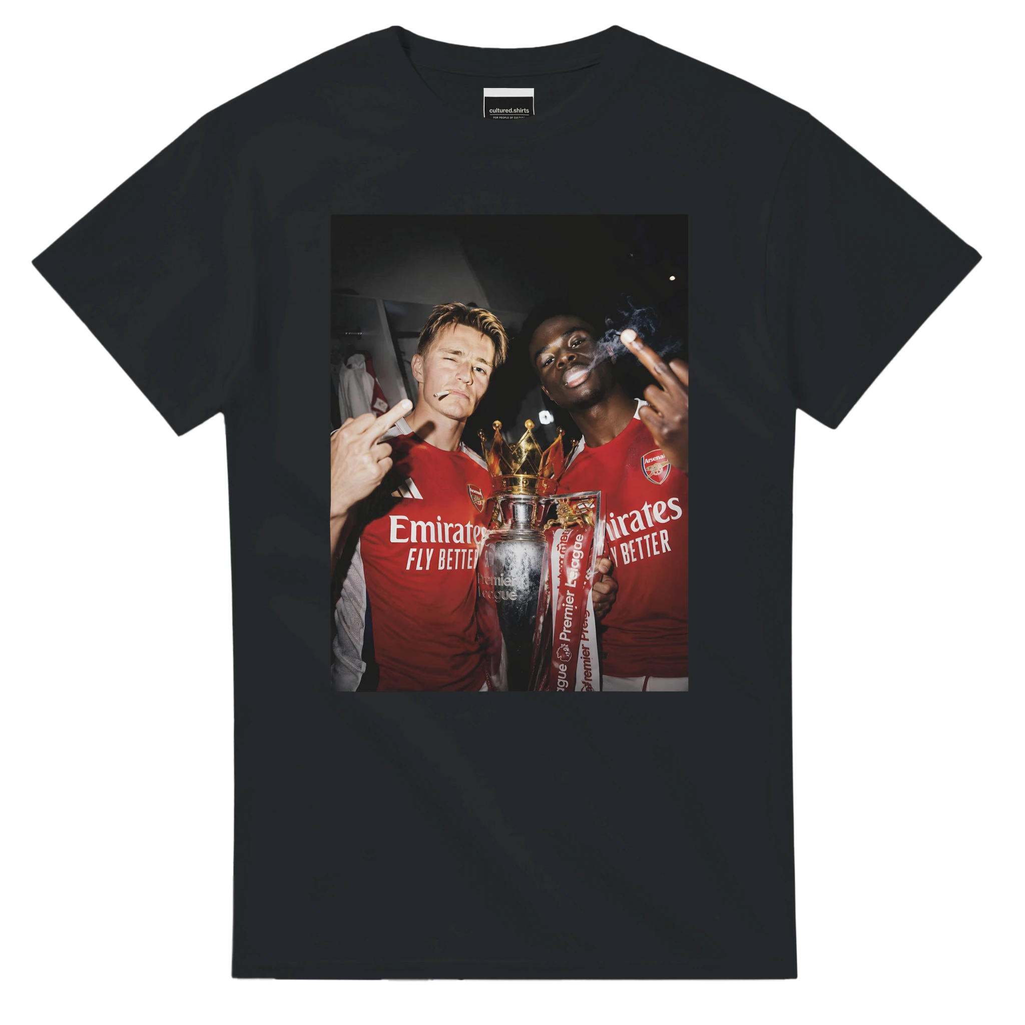 Black T-shirt with front square photo graphic and trophy print