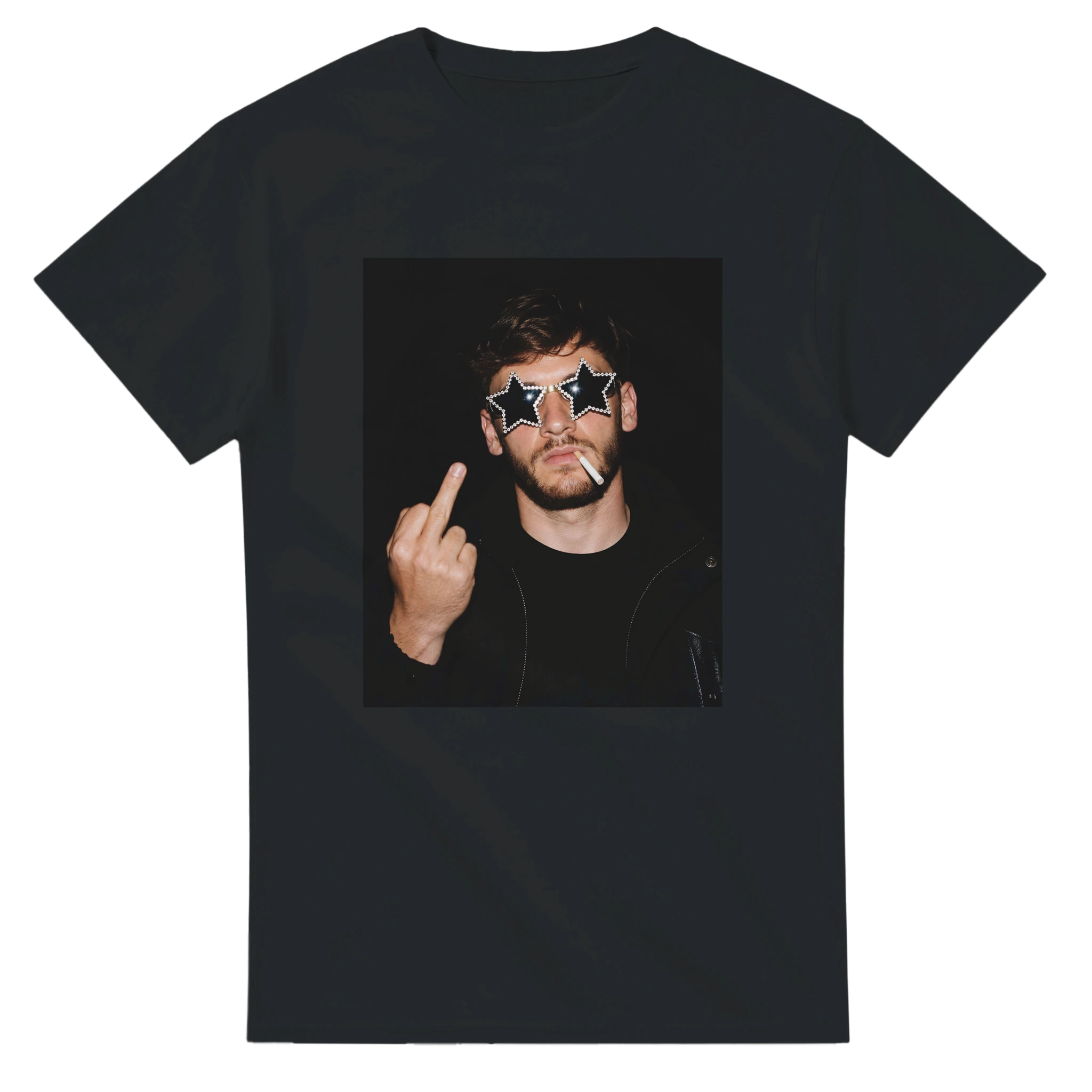 Black crewneck football T-shirt with square star-shades graphic front print