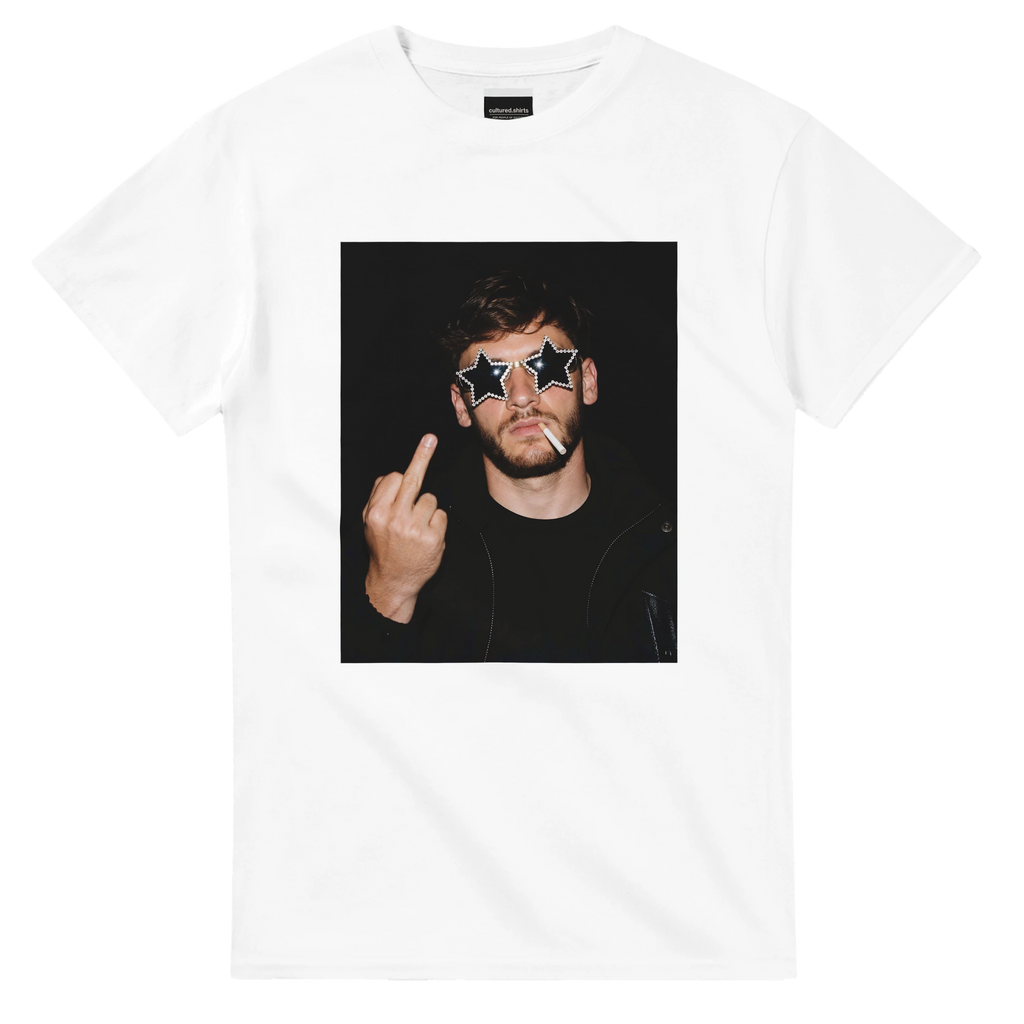 White crewneck football T-shirt with square star-shades graphic front print