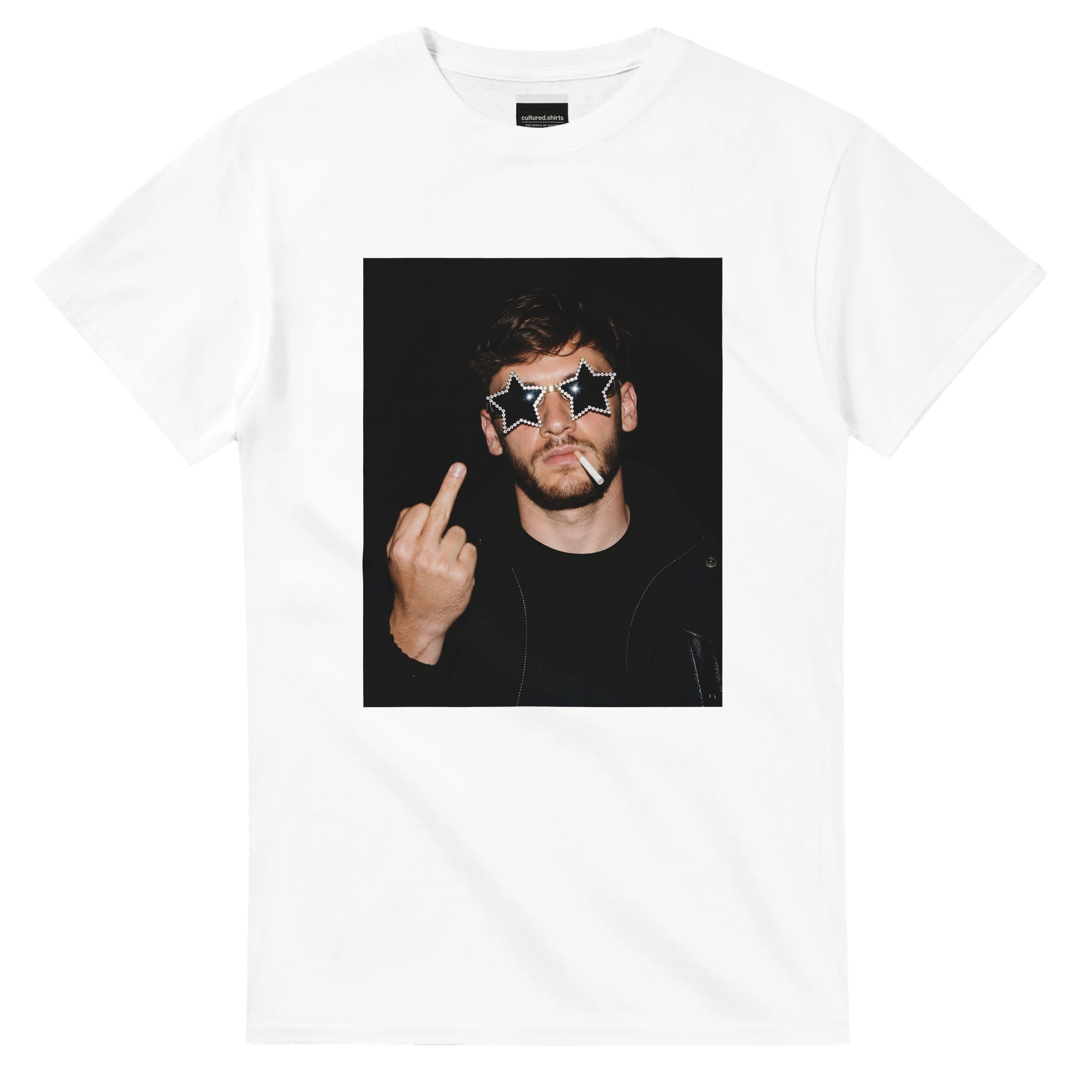 White crewneck football T-shirt with square star-shades graphic front print